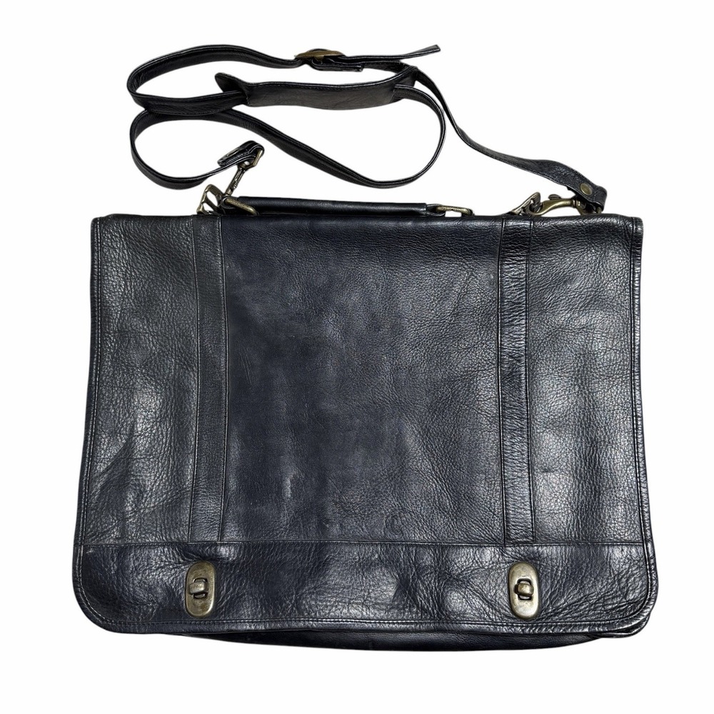 Black Genuine Leather Messenger Briefcase Bag Shoulder Strap Turn Lock